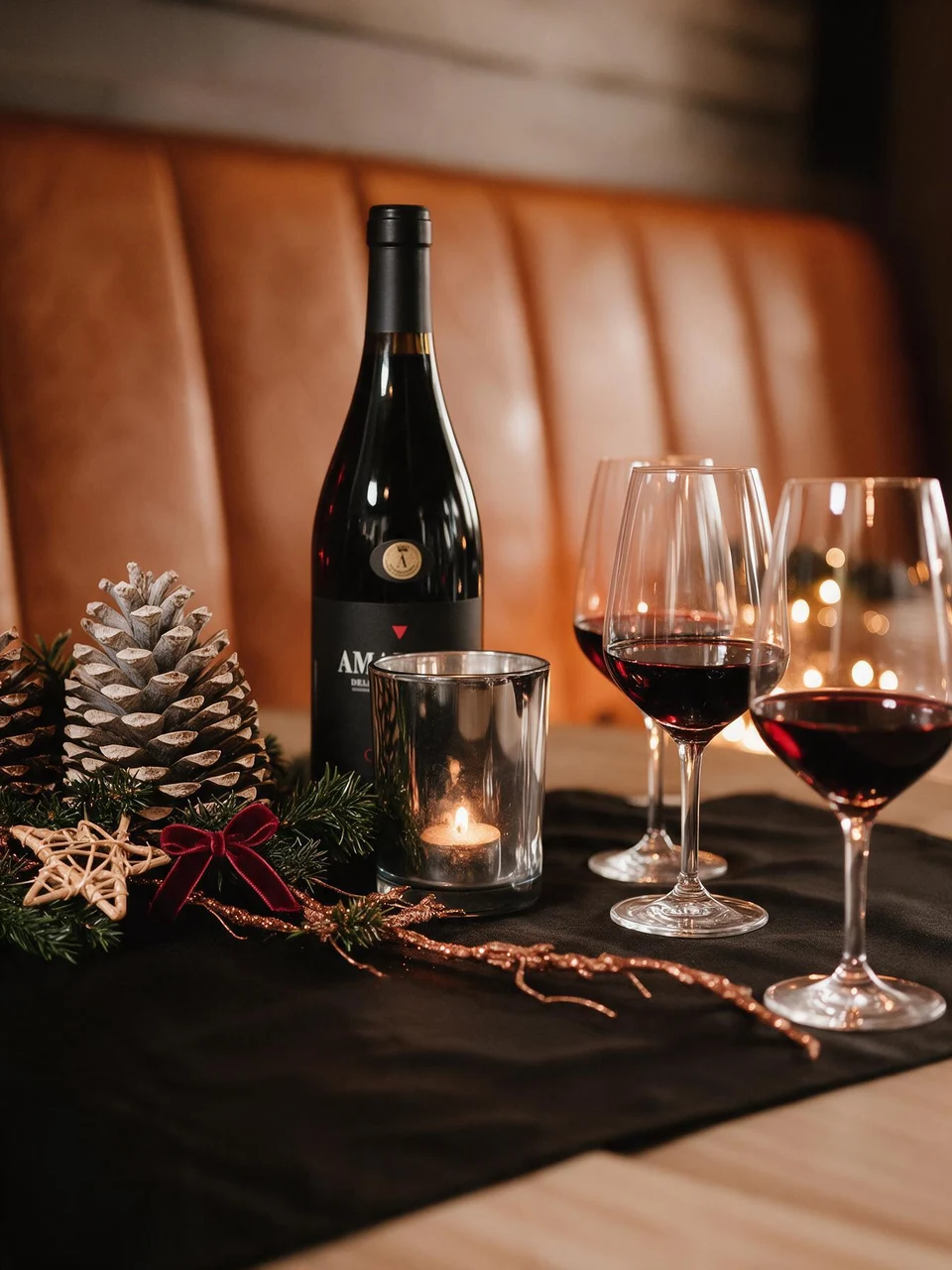 Świąteczny stroik, świece, butelka Amarone i kieliszki czerwonego wina na stole w restauracji Amarone